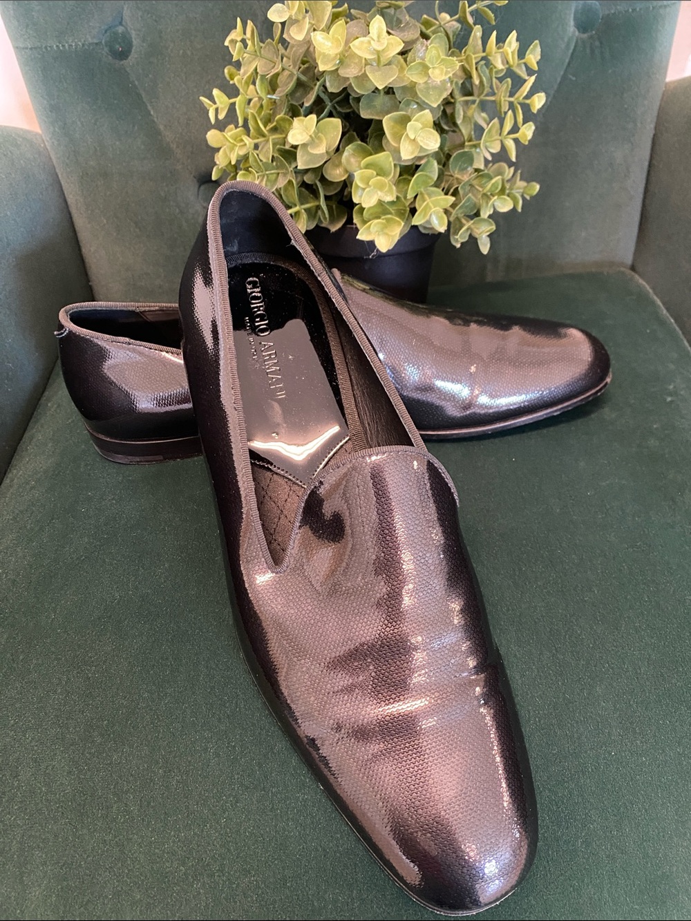 Giorgio Armani Men's Shiny Black Patent Slip-On Loafers